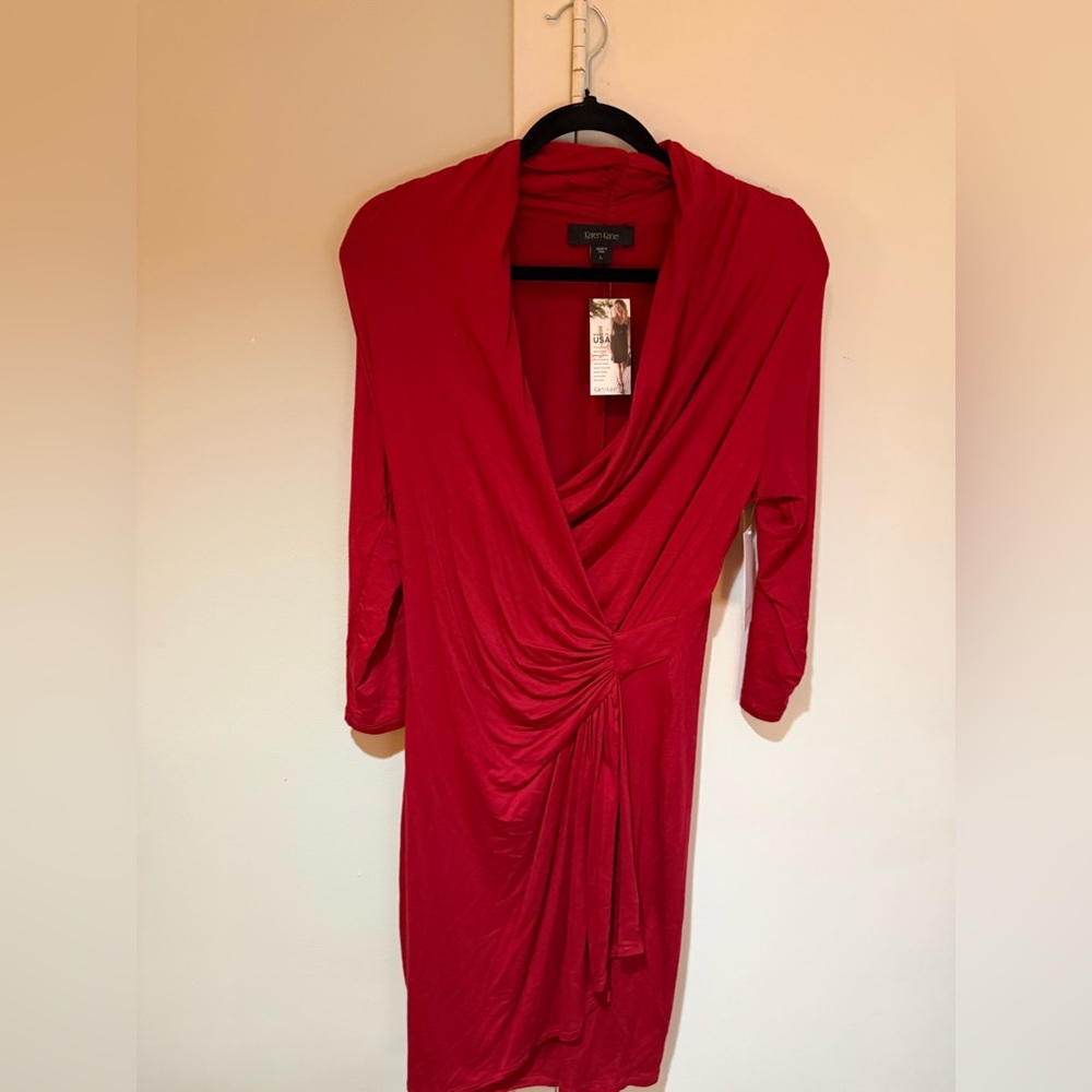 Karen Kane Red Ruched Wrap Dress Cowl Neck 3/4 Sleeve - Picture 2 of 5